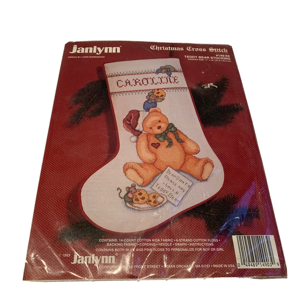 NEW Vintage Christmas Stocking Craft Kit Janlynn Cross Stitch Teddy Bear #149-03